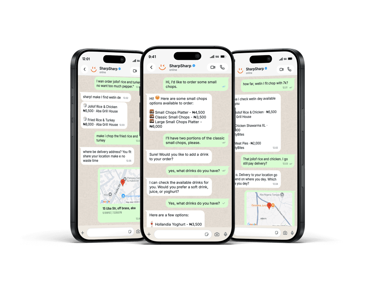 Three WhatsApp conversations showing food ordering on SharpSharp