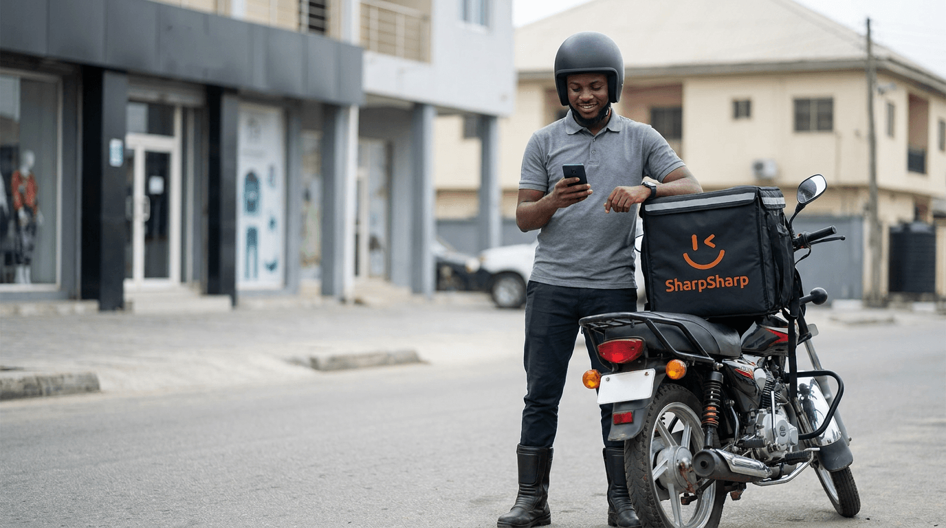 SharpSharp delivery rider on a motorcycle with a branded delivery bag